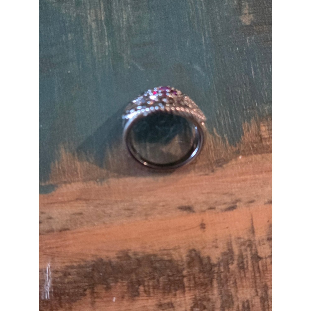 Vintage Silver Tone Filigree Cocktail Ring with Aurora Borealis Rhinestone - Picture 2 of 3